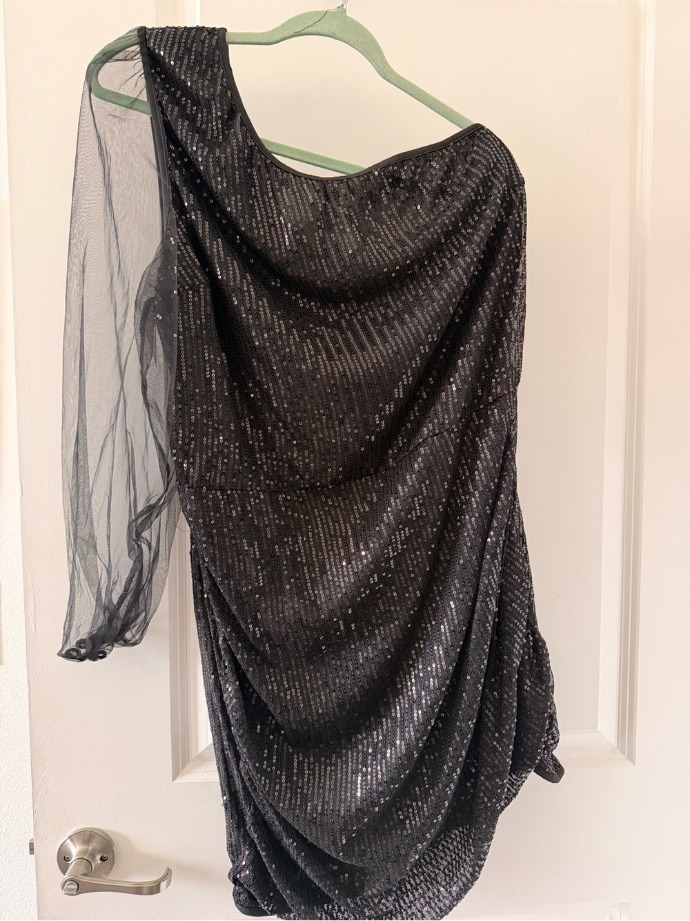 SHEIN Black One-Shoulder Sequin Draped Dress with Sheer Sleeve